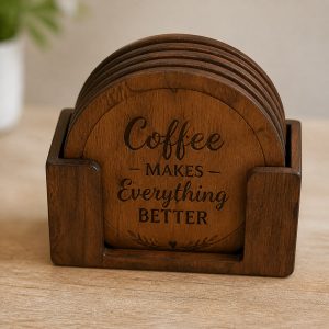 Set of four personalised engraved wooden coasters in a matching holder