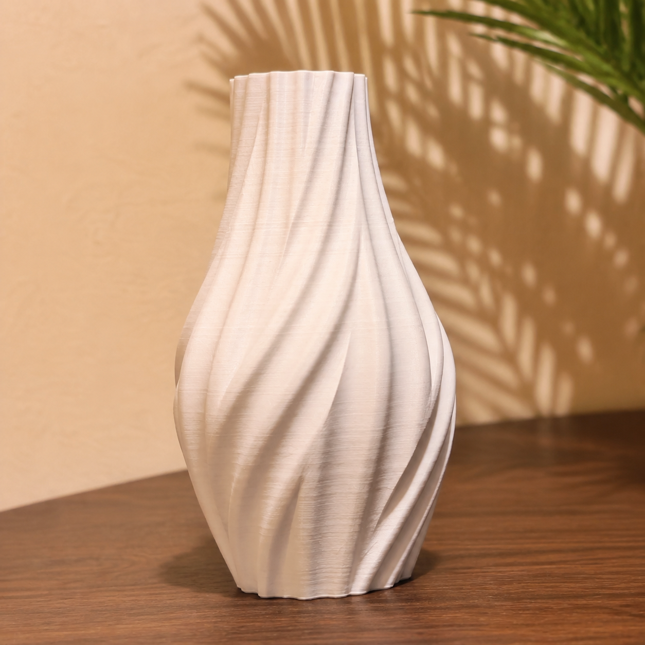 White 3D printed spiral vase in a warm interior setting