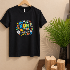 Black T-shirt with a colourful Fun Factory printed design