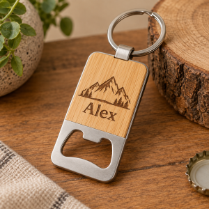 Personalised Bamboo Bottle Opener Keyring — illustrative example
