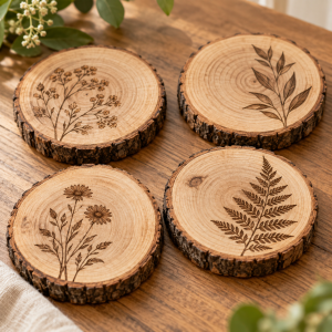 Rustic Laser-Engraved Wood Coasters — illustrative example